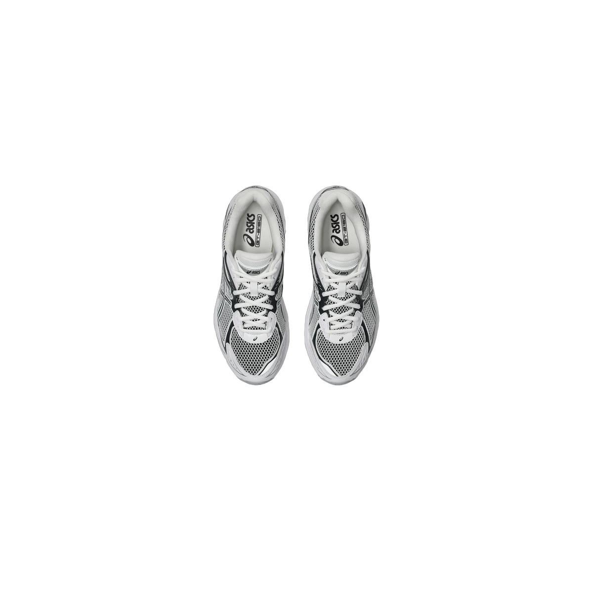 Top-down view of a pair of white and black Asics GT-2160 sneakers with mesh uppers and branded insoles, laces facing up