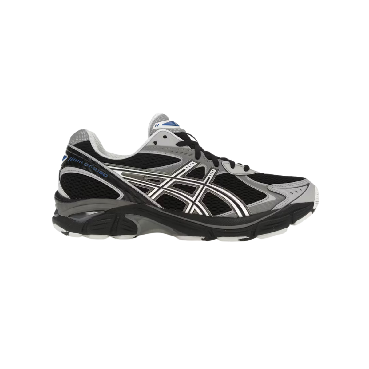 Right-side view of a black and grey Asics GT-2160 running shoe with white crisscross overlays and blue heel accent, toe pointing right