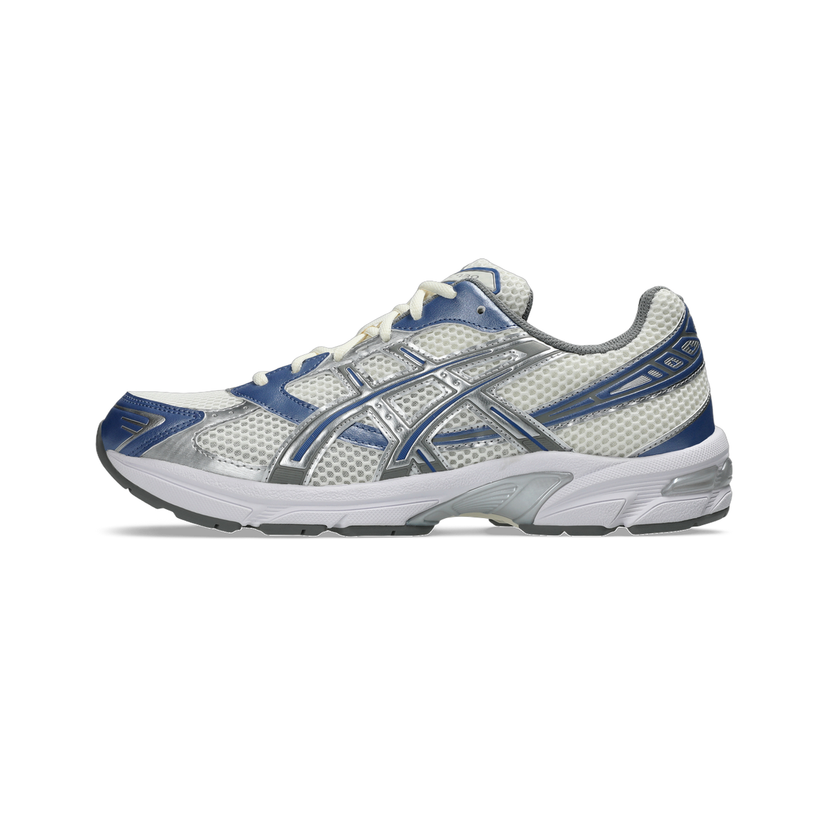 Side view of an Asics Gel-1130 running shoe in white mesh with silver overlays, navy blue accents, and a white midsole with grey outsole.