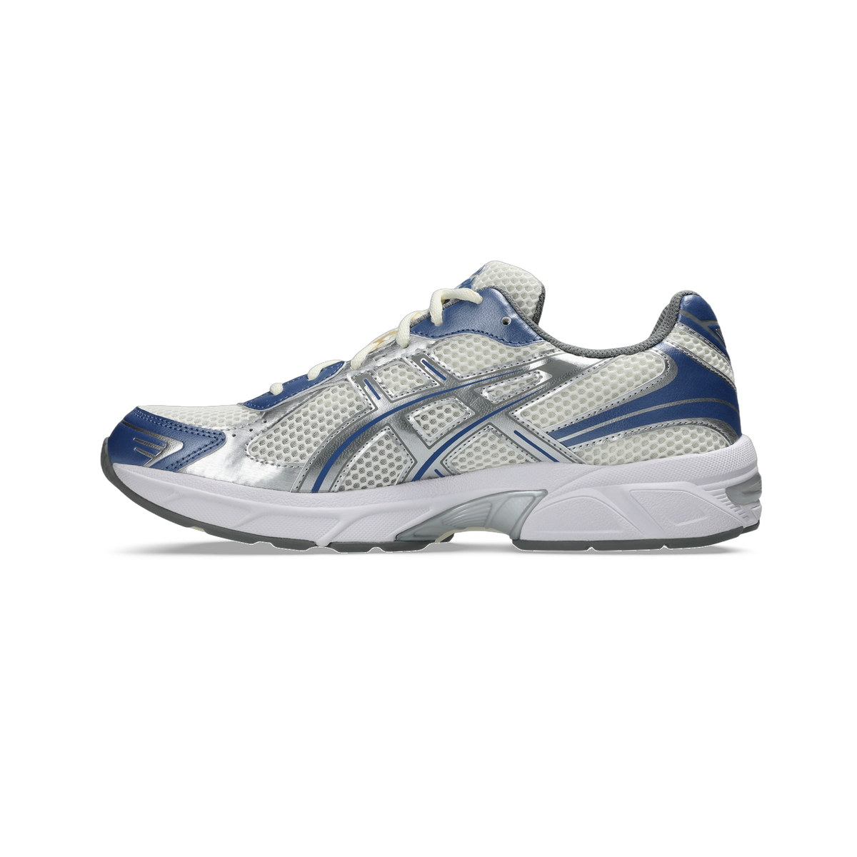 Right side view of a cream and blue Asics Gel-1130 running shoe with silver overlays and white sole