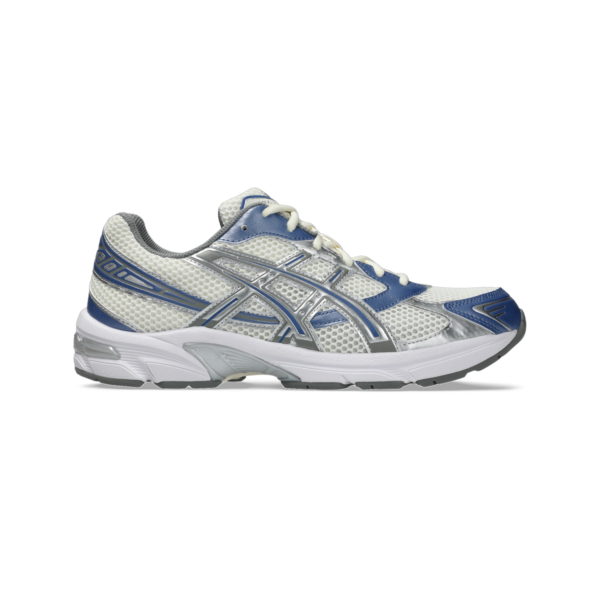 Lateral view of a white and blue Asics Gel-1130 running shoe with silver overlays and a white midsole