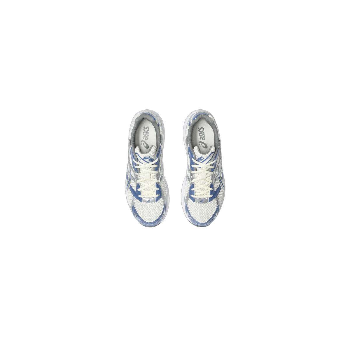 Top-down view of a pair of white Asics Gel-1130 sneakers with blue overlays, grey accents, and cream laces