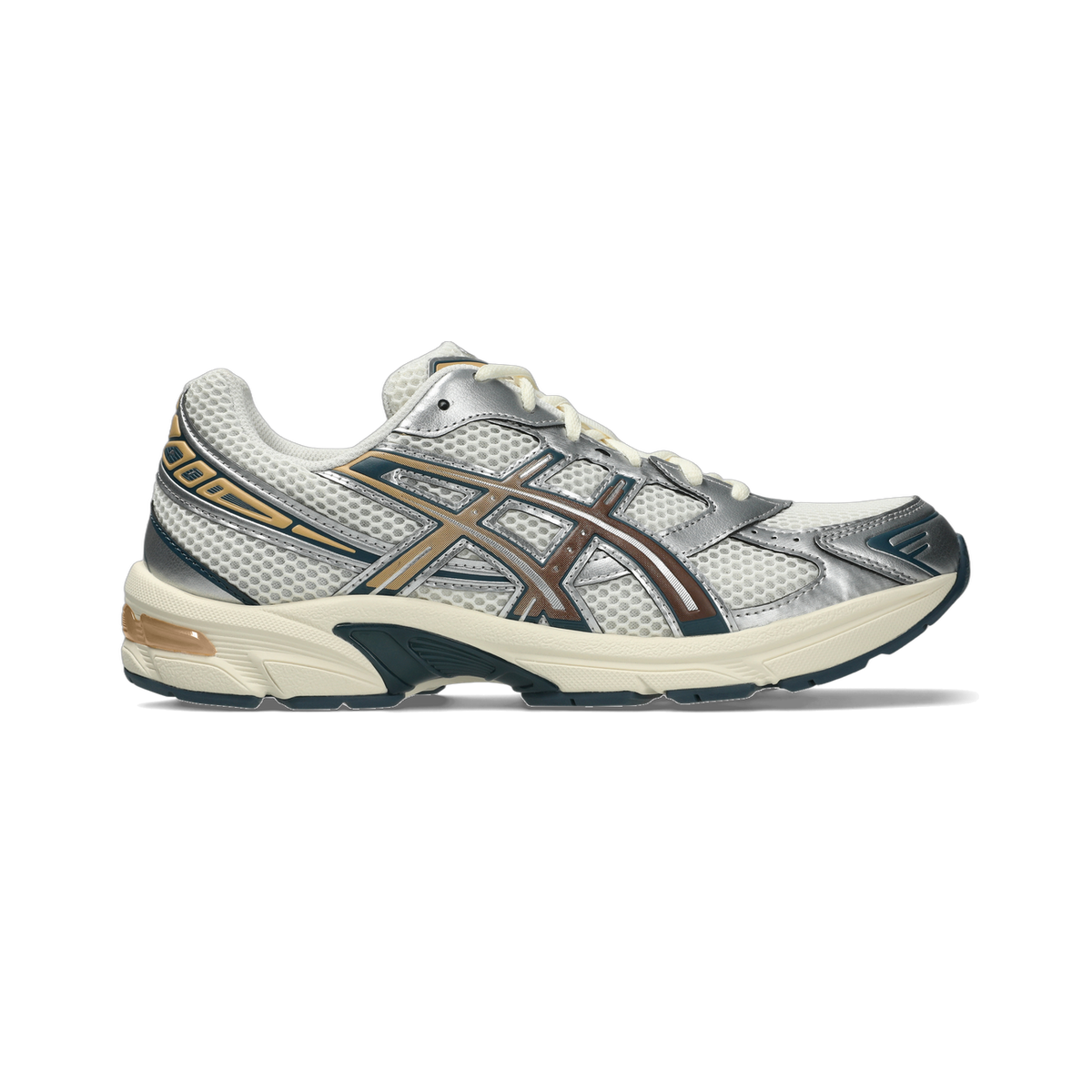 Side view of a right-facing ASICS Gel-1130 sneaker in grey mesh with silver, mahogany, and gold overlays, cream sole, and dark teal accents