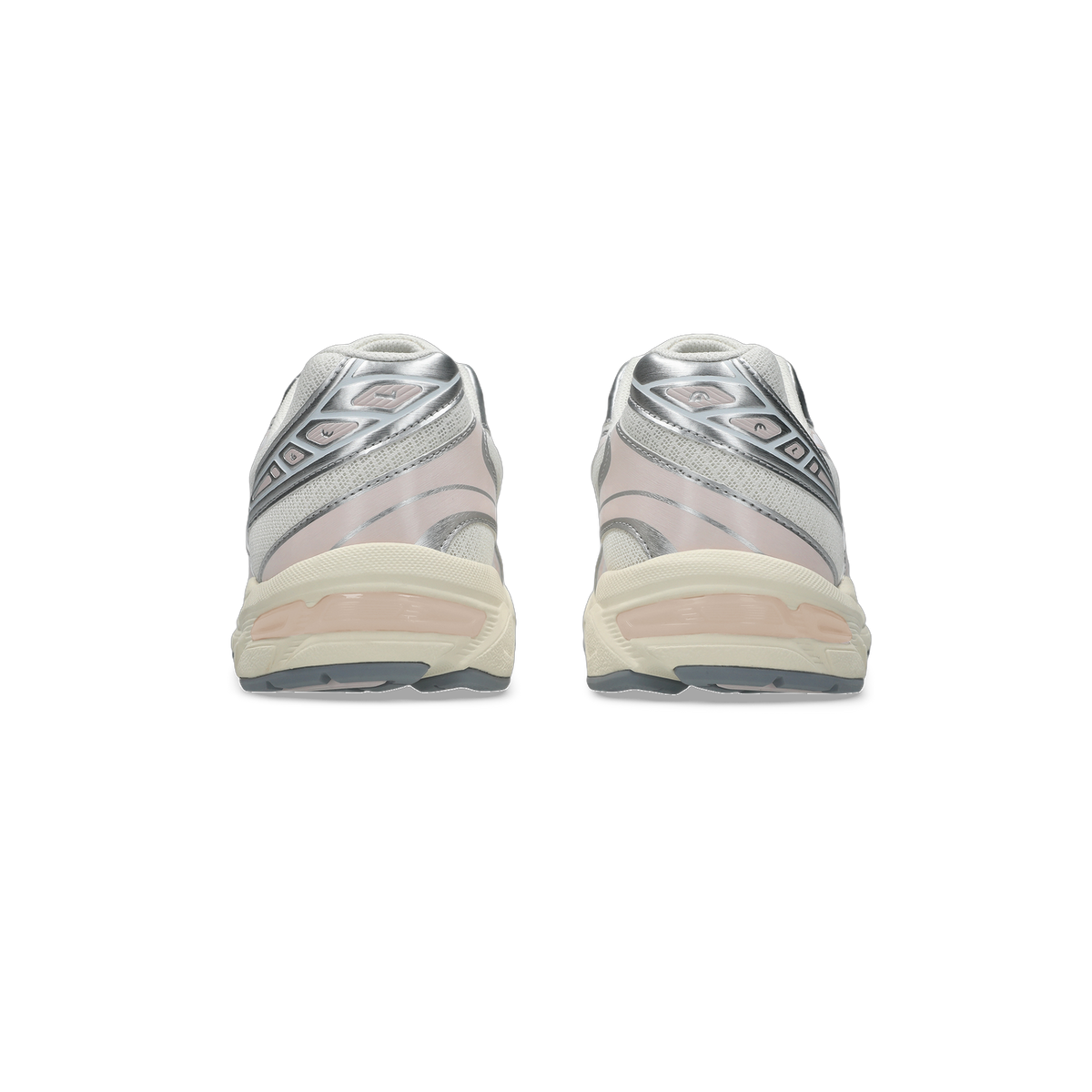 Rear view of a pair of white and pink Asics Gel-1130 sneakers showing silver heel panels and cream midsoles with a pink gel unit