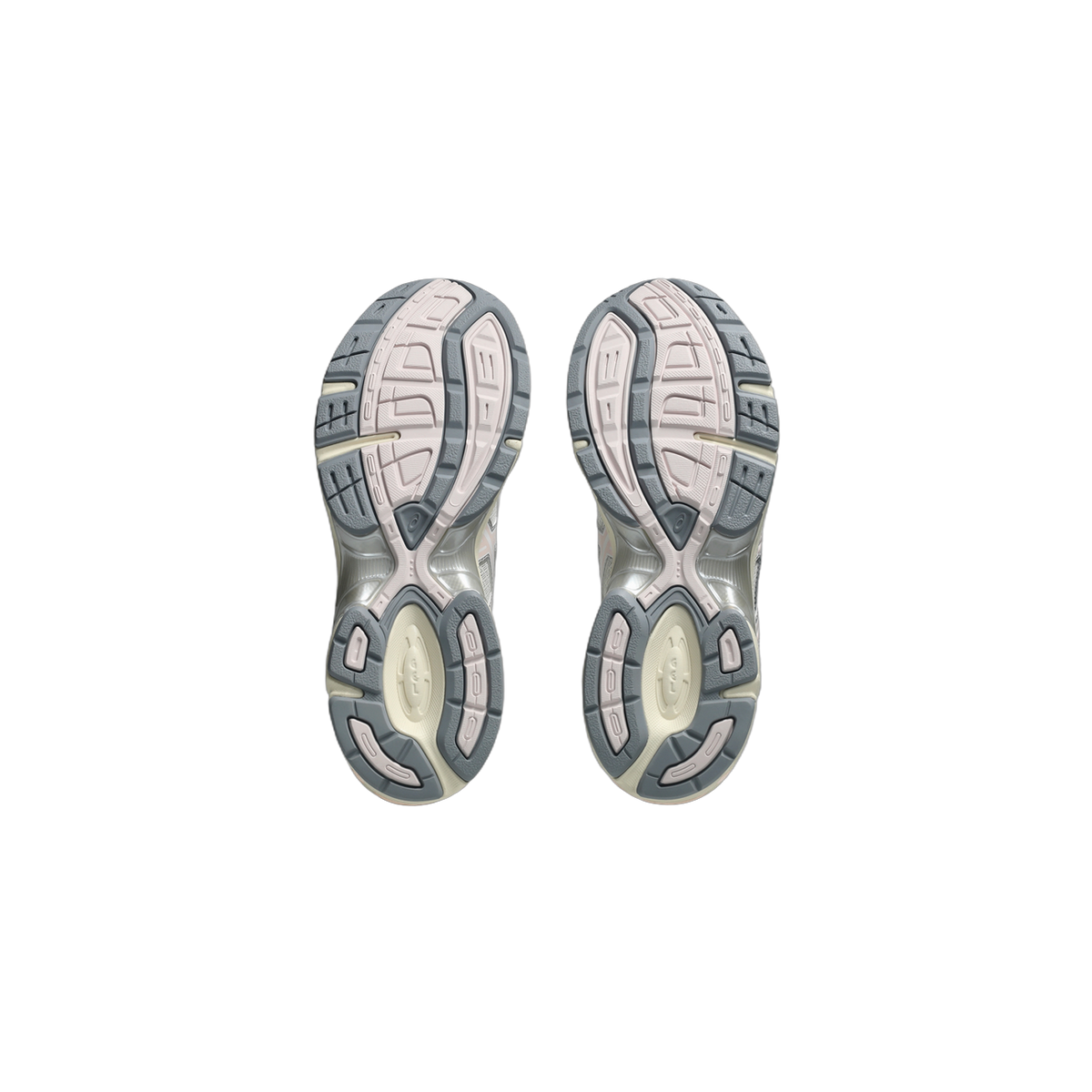 Bottom view of a pair of Asics Gel-1130 sneakers showing pink, grey, and cream tread patterns on the outsoles with visible GEL cushioning inserts at the heels.