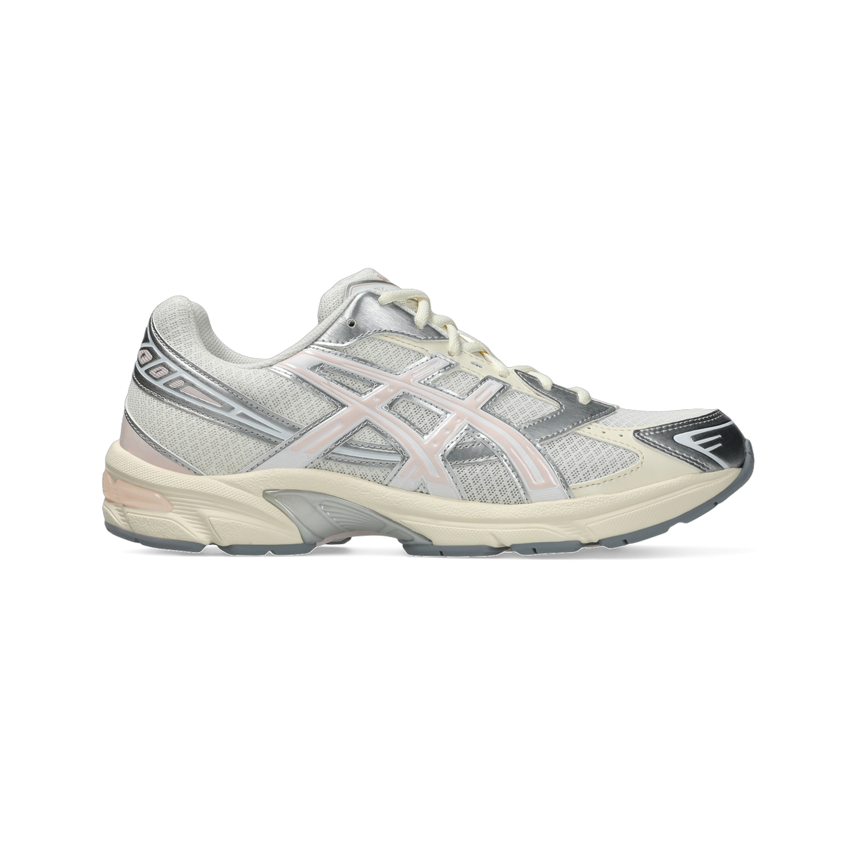 Side view of a white and pink Asics Gel-1130 sneaker with silver overlays and cream midsole