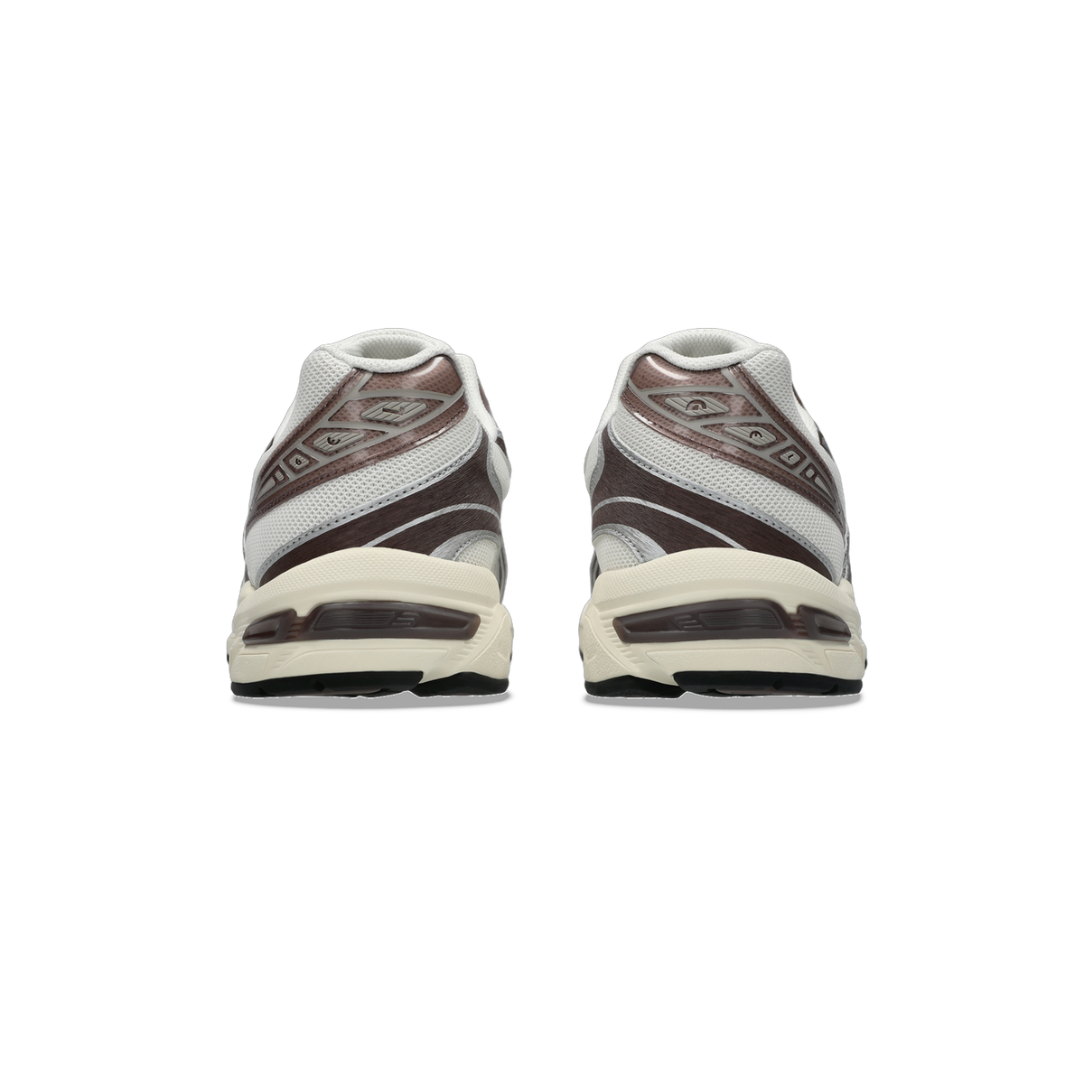 Rear view of a pair of Asics Gel-1130 sneakers in white and brown with cream midsoles and black outsoles