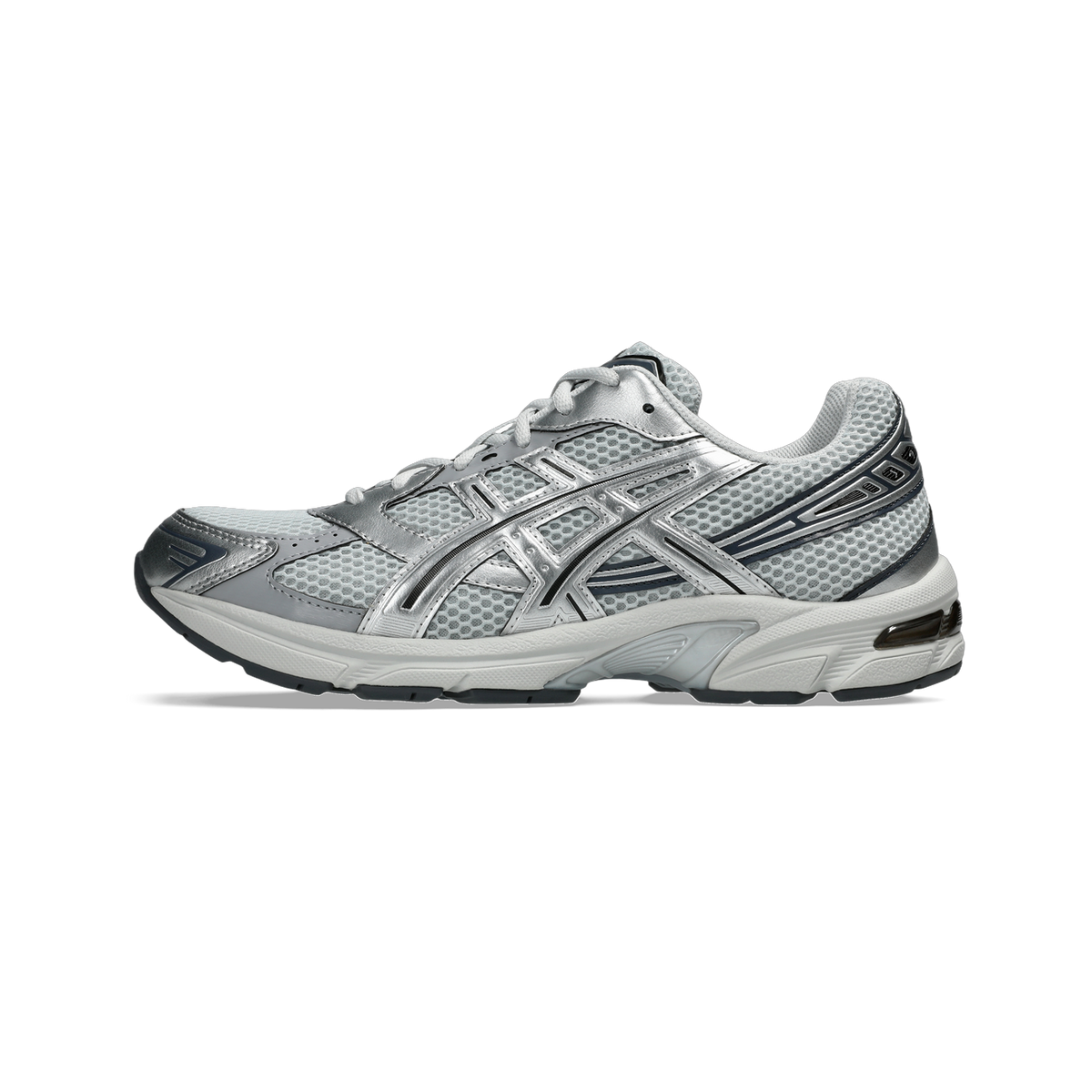 Side view of a gray and silver Asics Gel-1130 running shoe with mesh upper, silver overlays, and a white midsole with visible gel cushioning unit in the heel.