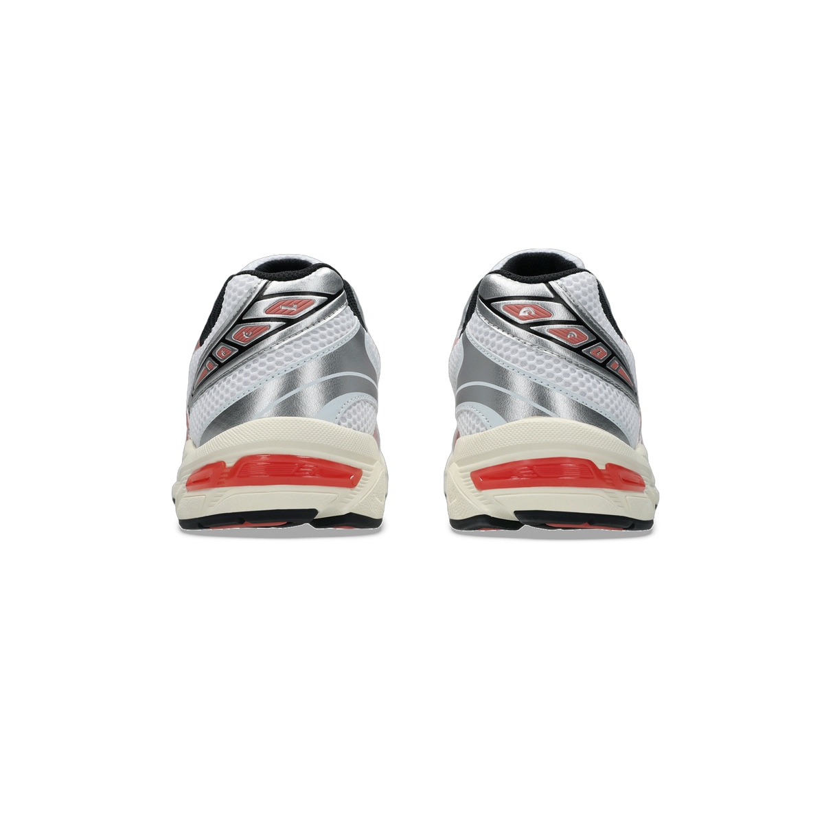 Rear view of a pair of Asics Gel-1130 sneakers in white and silver with red midsole accents and black heel collar.