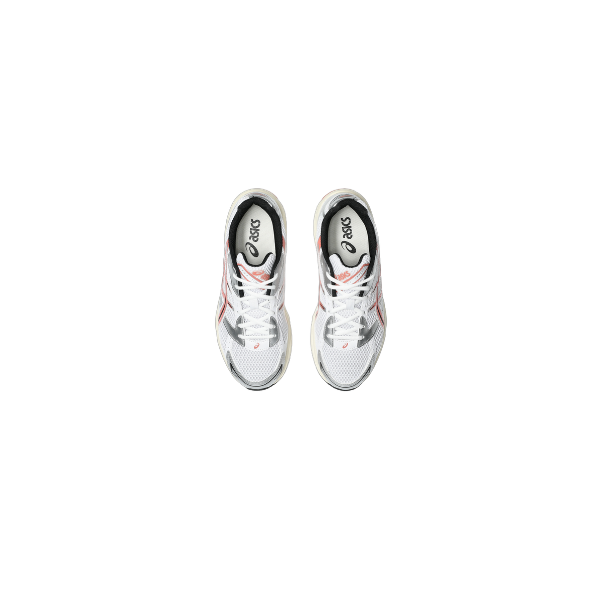 Top-down view of a pair of white Asics Gel-1130 sneakers with red and grey accents and black collar padding, laced with white laces.