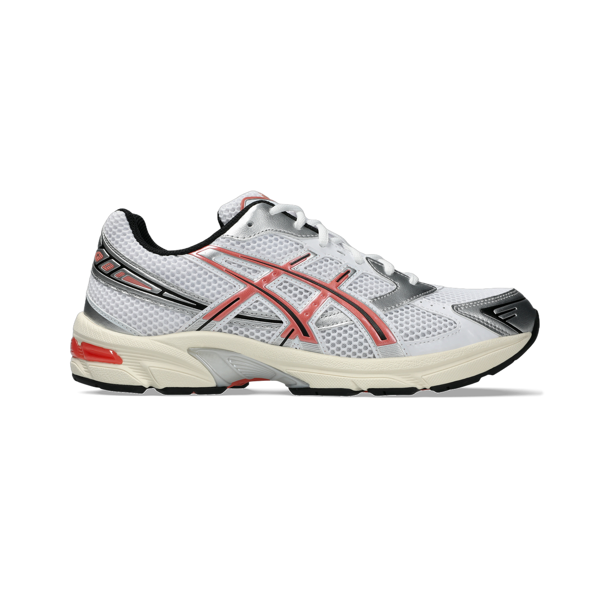 Side view of a white Asics Gel-1130 running shoe with red mesh overlays, silver accents, black trim, and a cream midsole with black outsole.