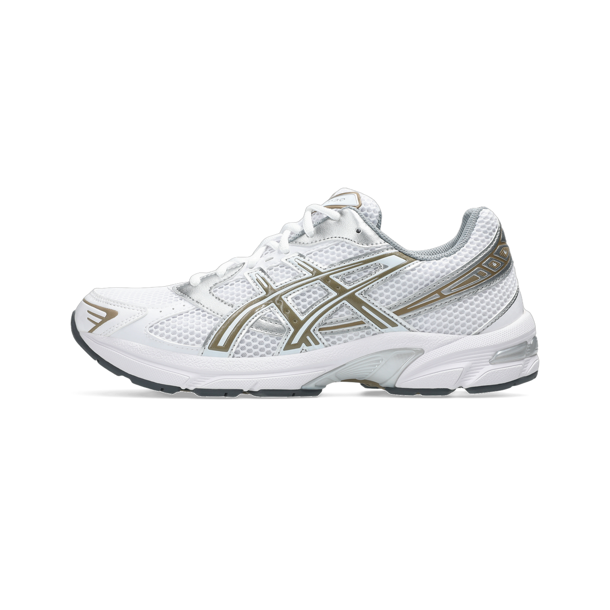 Side view of a white Asics Gel-1130 running shoe with silver and gold overlays and a white midsole with dark gray outsole.
