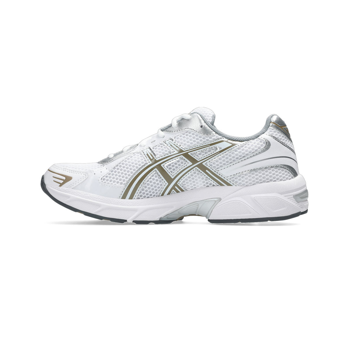Side view of a white Asics Gel-1130 running shoe with silver overlays, gray mesh panels, and a white midsole with black outsole accents.