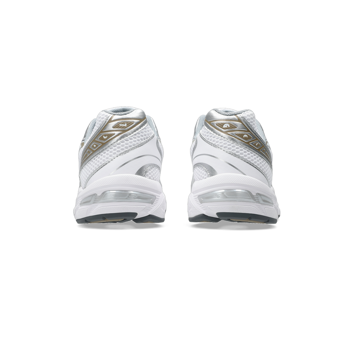 Rear view of a pair of white Asics Gel-1130 sneakers with silver and gold heel accents and grey outsoles