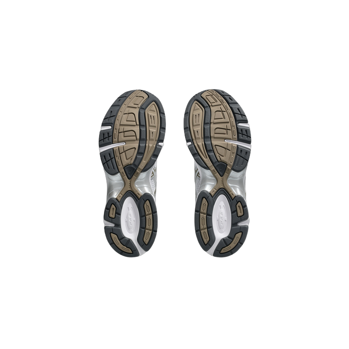 Bottom view of a pair of Asics Gel-1130 sneakers showing white, gray, and tan tread patterns on the outsoles.