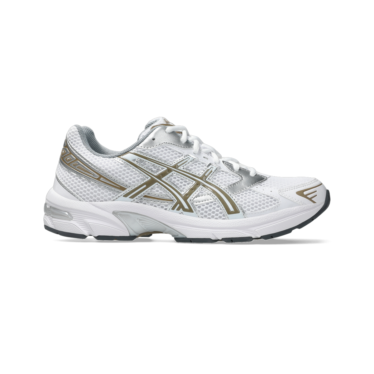 Side view of a white Asics Gel-1130 running shoe with silver and gold overlays and a grey outsole.