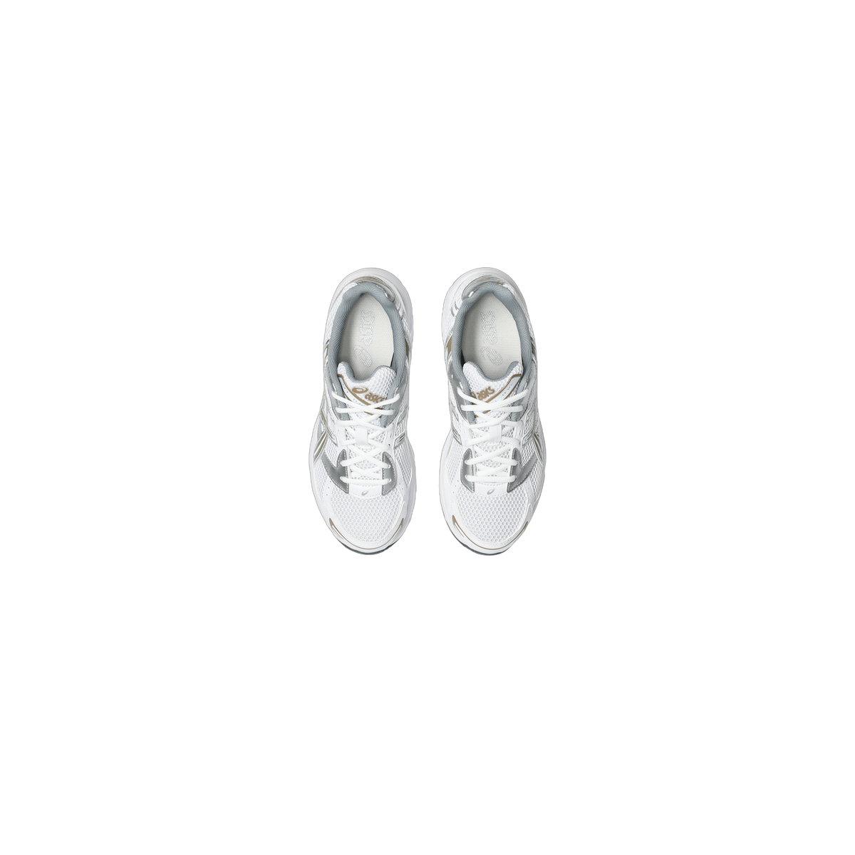 Top-down view of a pair of white Asics Gel-1130 sneakers with gray overlays, tan accents, and white laces.
