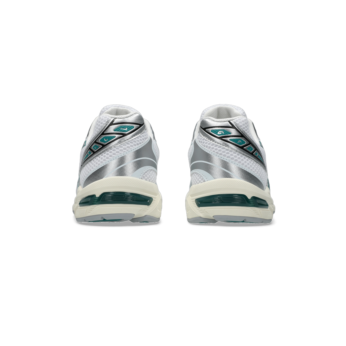 Rear view of a pair of white Asics Gel-1130 sneakers with silver and teal accents on the heel and a cream midsole with teal gel cushioning visible on the heel.