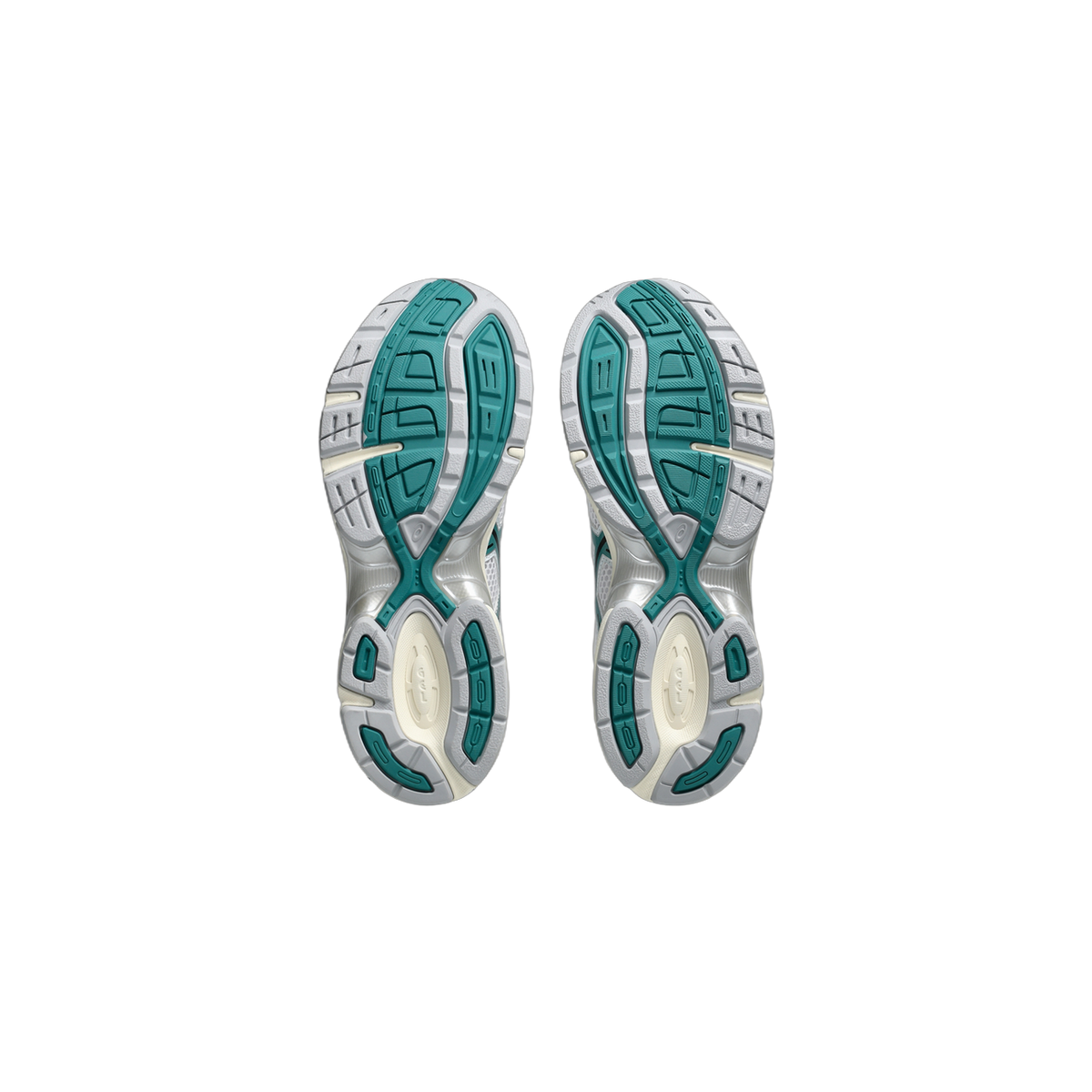 Bottom view of a pair of Asics Gel-1130 sneakers showing grey, white, and teal outsole tread pattern with ASICS logo on the heel