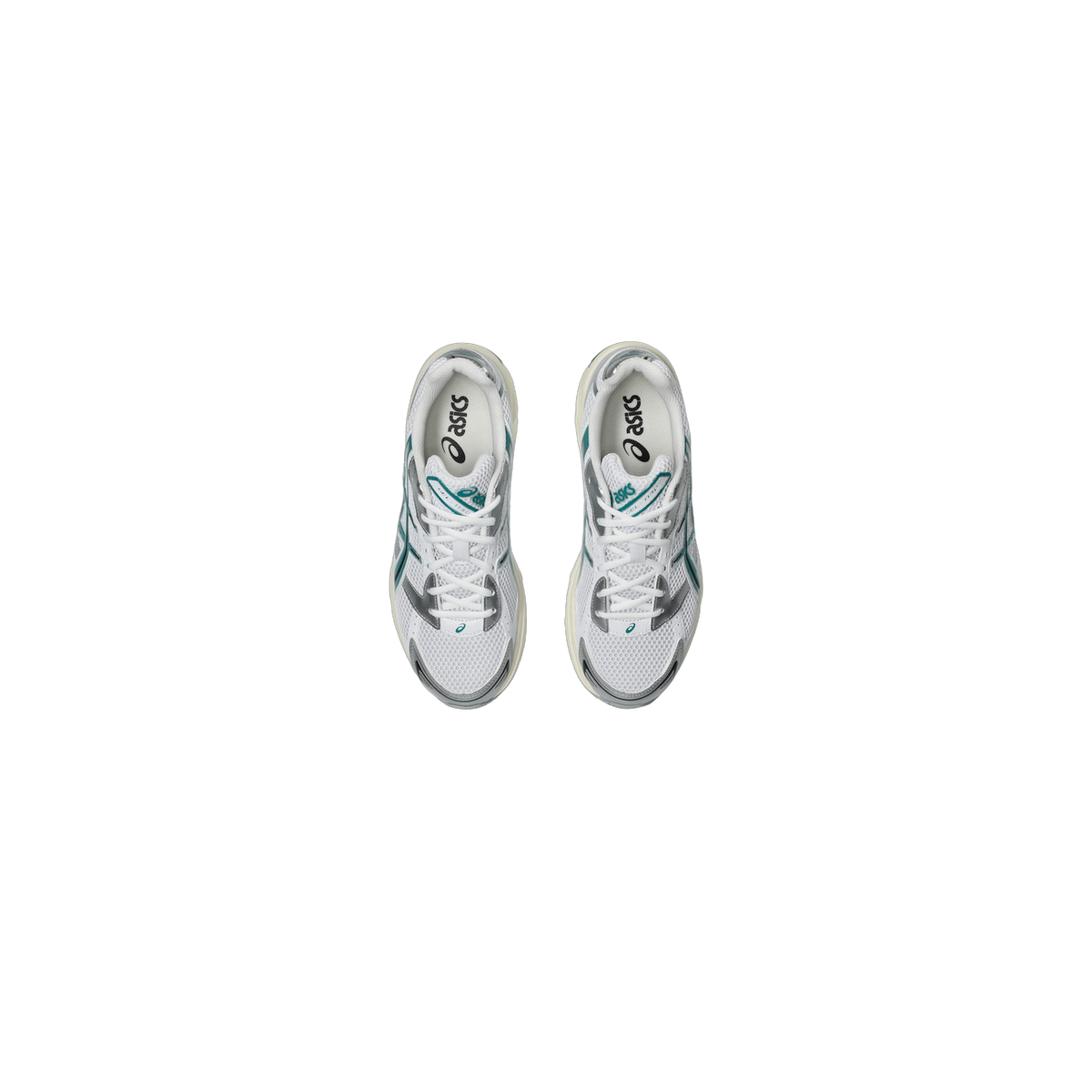 Top-down view of a pair of white Asics Gel-1130 sneakers with teal and grey accents and white laces, arranged side by side against a white background.
