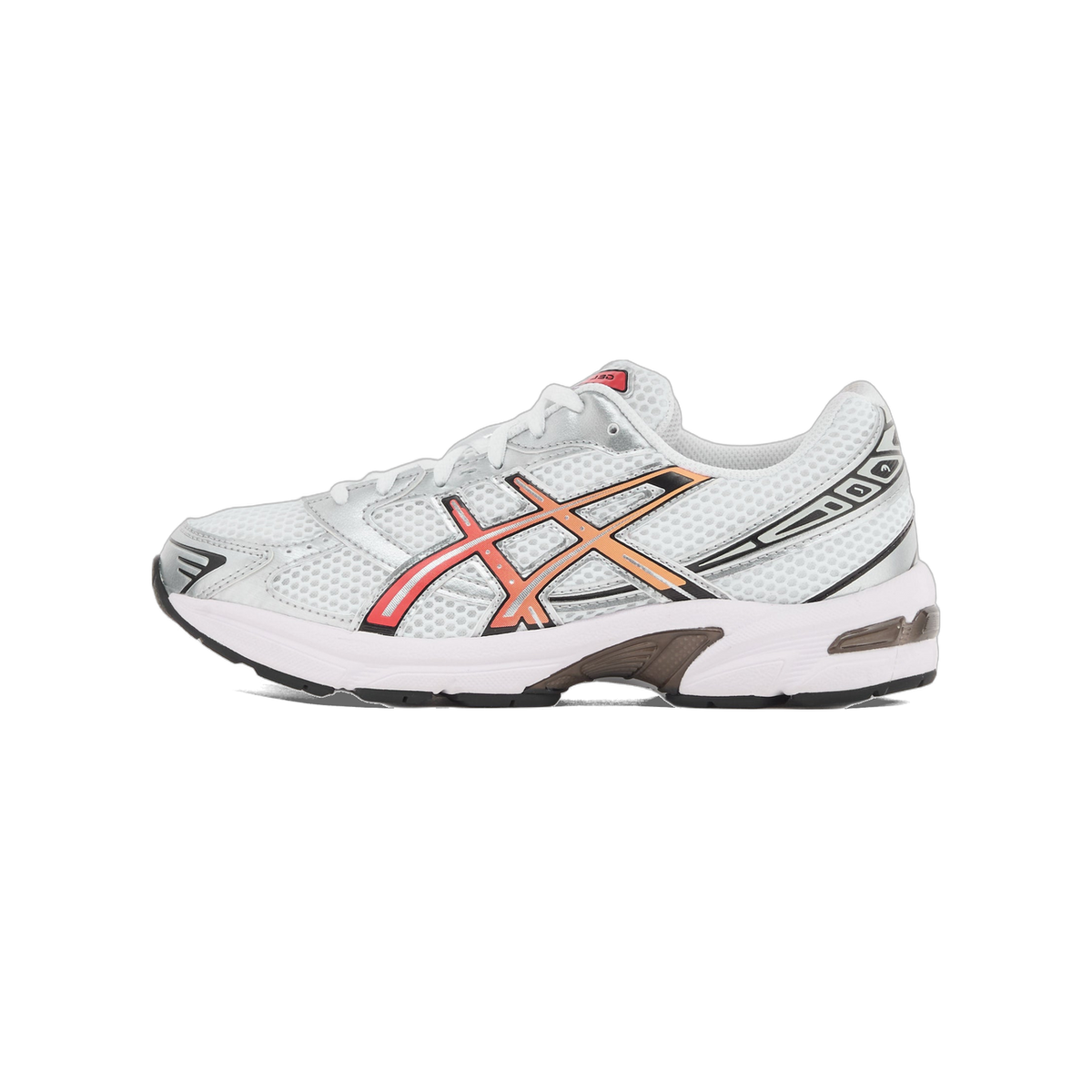 Side view of a white mesh Asics Gel-1130 sneaker with crossing red and orange side stripes, silver overlays, and a white midsole with black outsole, toe pointing left.