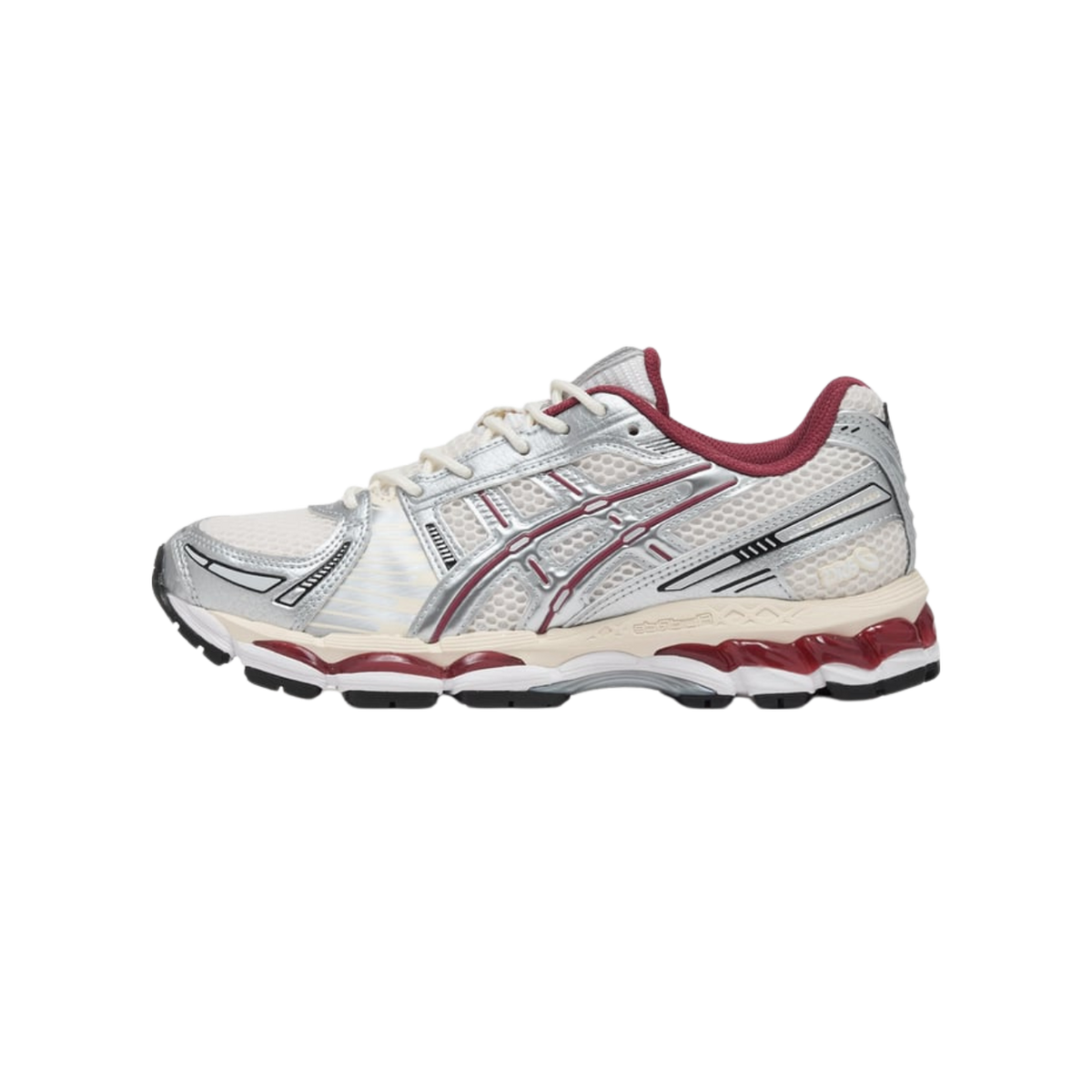 Side view of a silver and white Asics Gel-Kayano 12.1 running shoe with burgundy accents and a cream midsole with burgundy gel heel unit, toe pointing left.