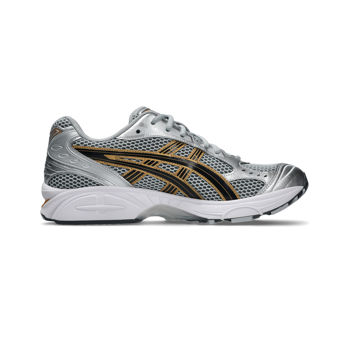 Side view of a grey mesh Asics Gel-Kayano 14 sneaker with black and gold overlays, silver heel, and white midsole, toe pointing left.