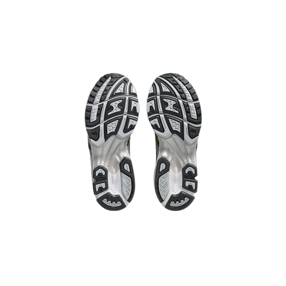 Bottom view of both Asics Gel-Kayano 14 shoes showing the gray, black, and white tread pattern on the outsoles.