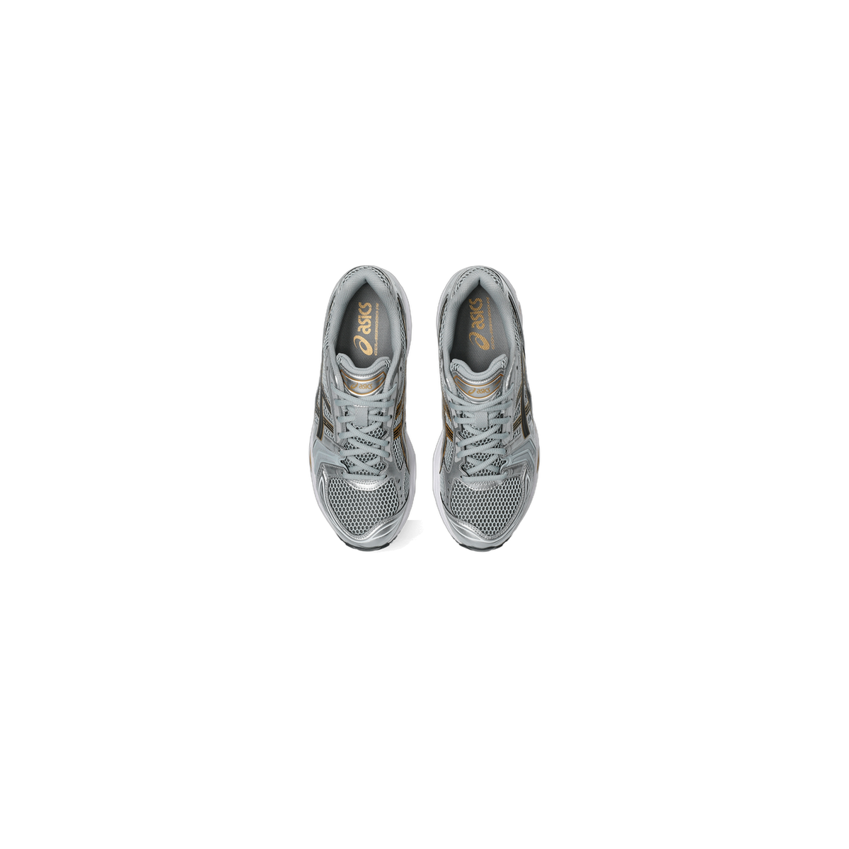 Top-down view of a pair of gray Asics Gel-Kayano 14 sneakers with black and gold accents and mesh toe panels, facing opposite directions