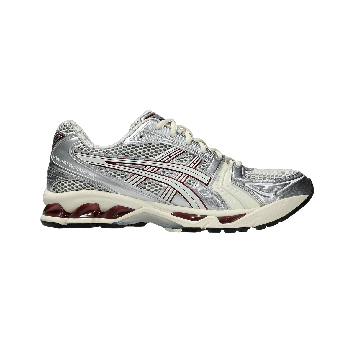 Right-side view of a silver and cream Asics Gel-Kayano 14 sneaker with burgundy accents on the midsole and gel unit visible at the heel.
