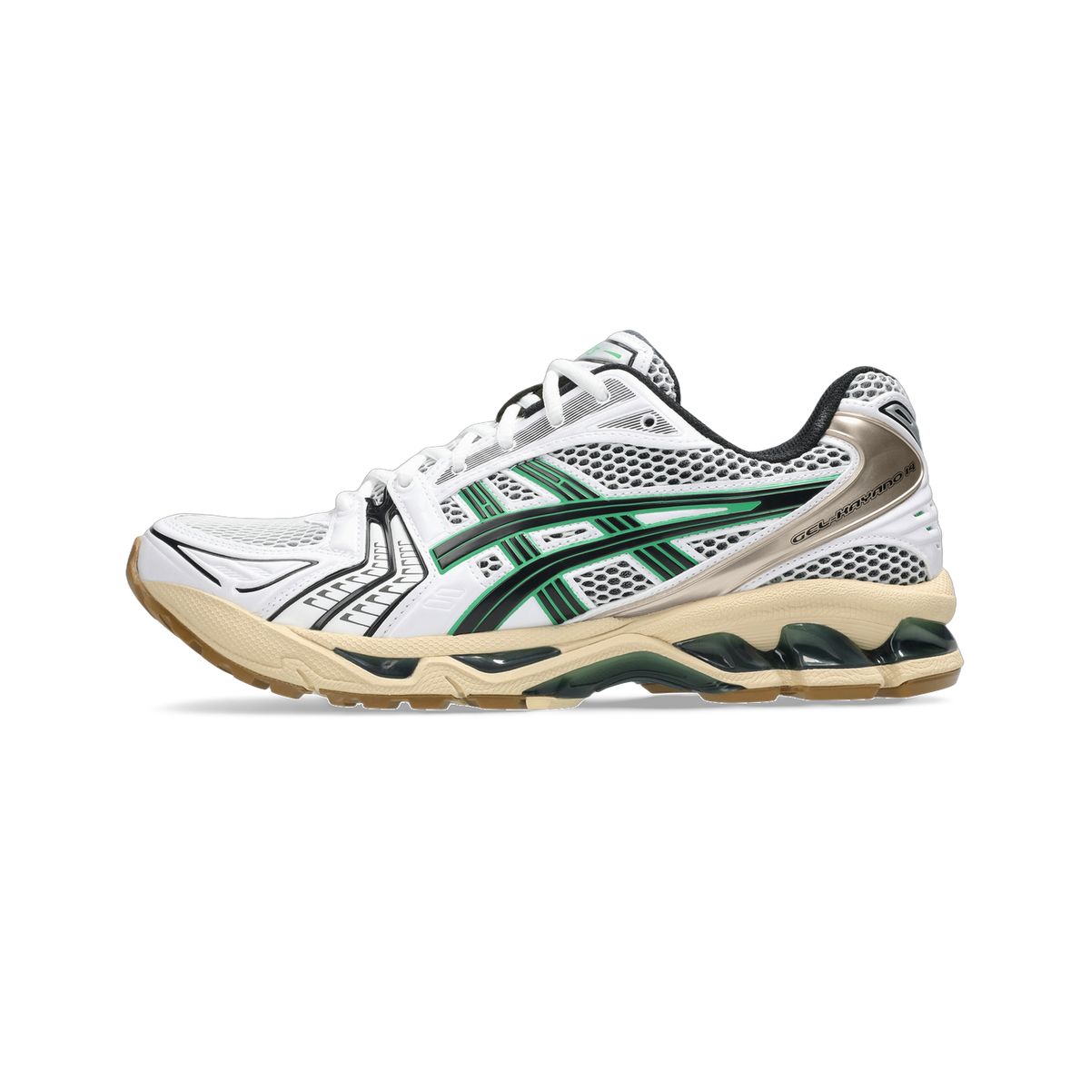Side view of a white Asics Gel-Kayano 14 sneaker with green mesh overlays, black stripes, tan gum outsole, and a bronze heel panel.