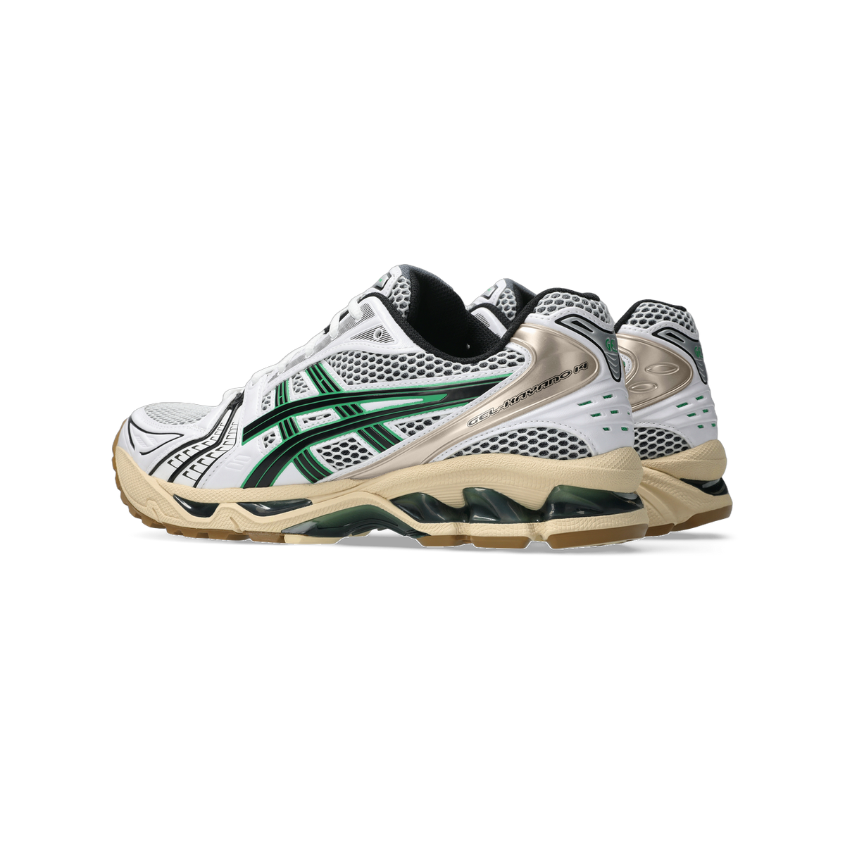 Side view of a pair of white Asics Gel-Kayano 14 sneakers with green mesh overlays, black accents, beige midsole and gold heel panel.