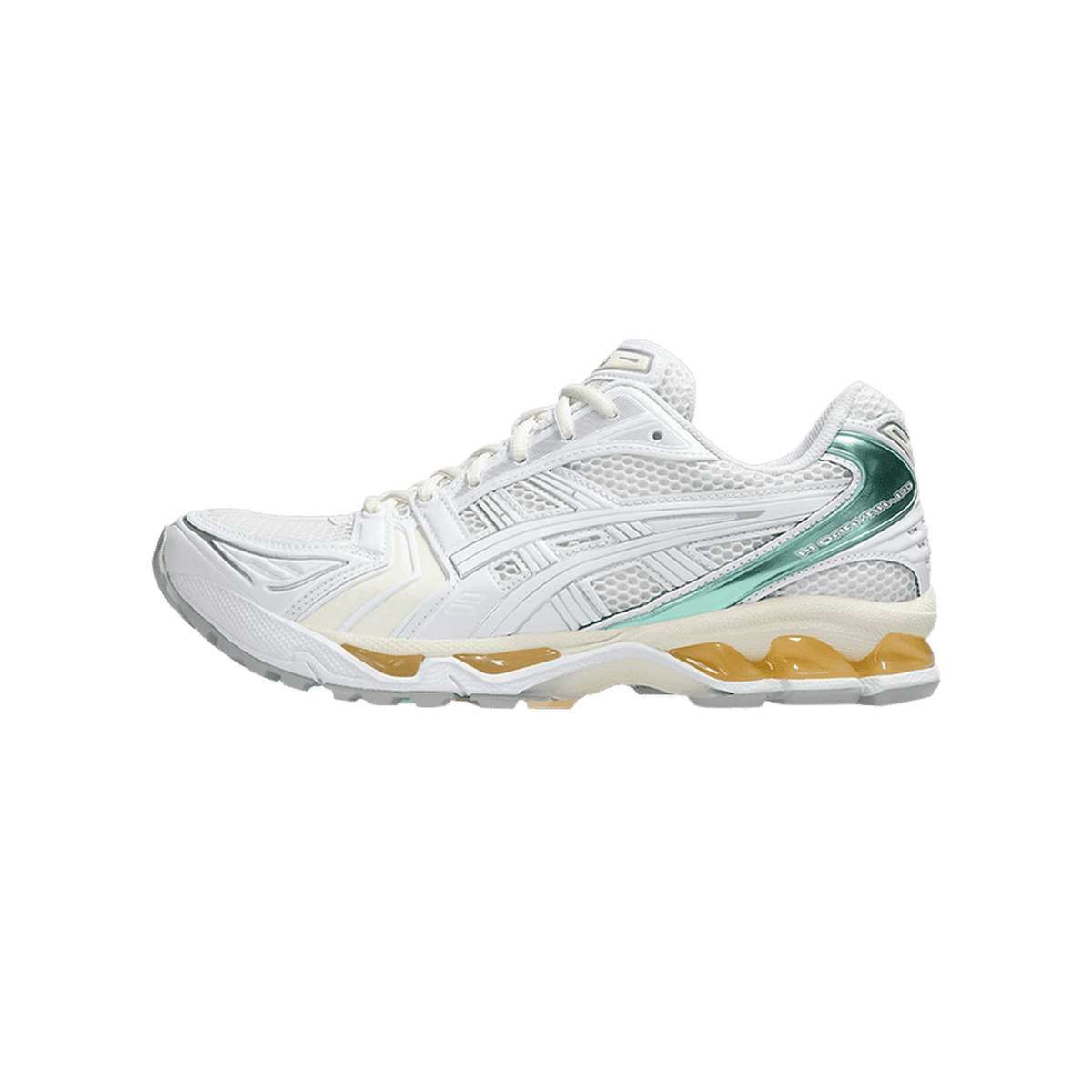 Left Asics Gel-Kayano 14 sneaker in white with mint green heel panel and gold midsole, shown from the side with toe pointing left.