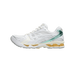 Left Asics Gel-Kayano 14 sneaker in white with mint green heel panel and gold midsole, shown from the side with toe pointing left.