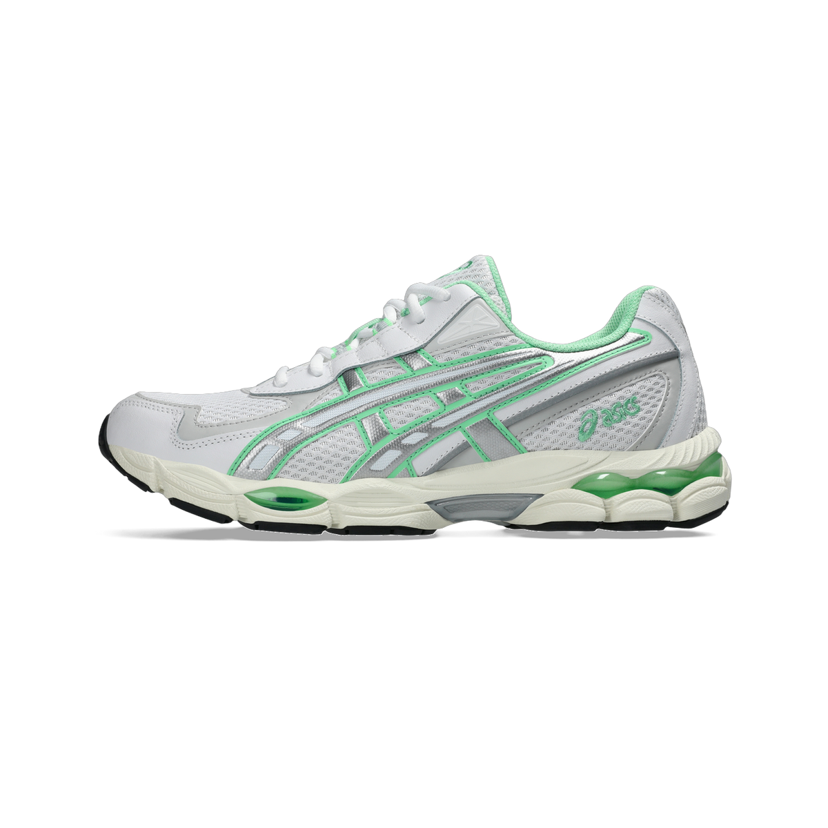 Side view of a white and green Asics Gel-NYC 2055 sneaker with silver overlays and a visible green gel cushioning unit in the heel and forefoot.