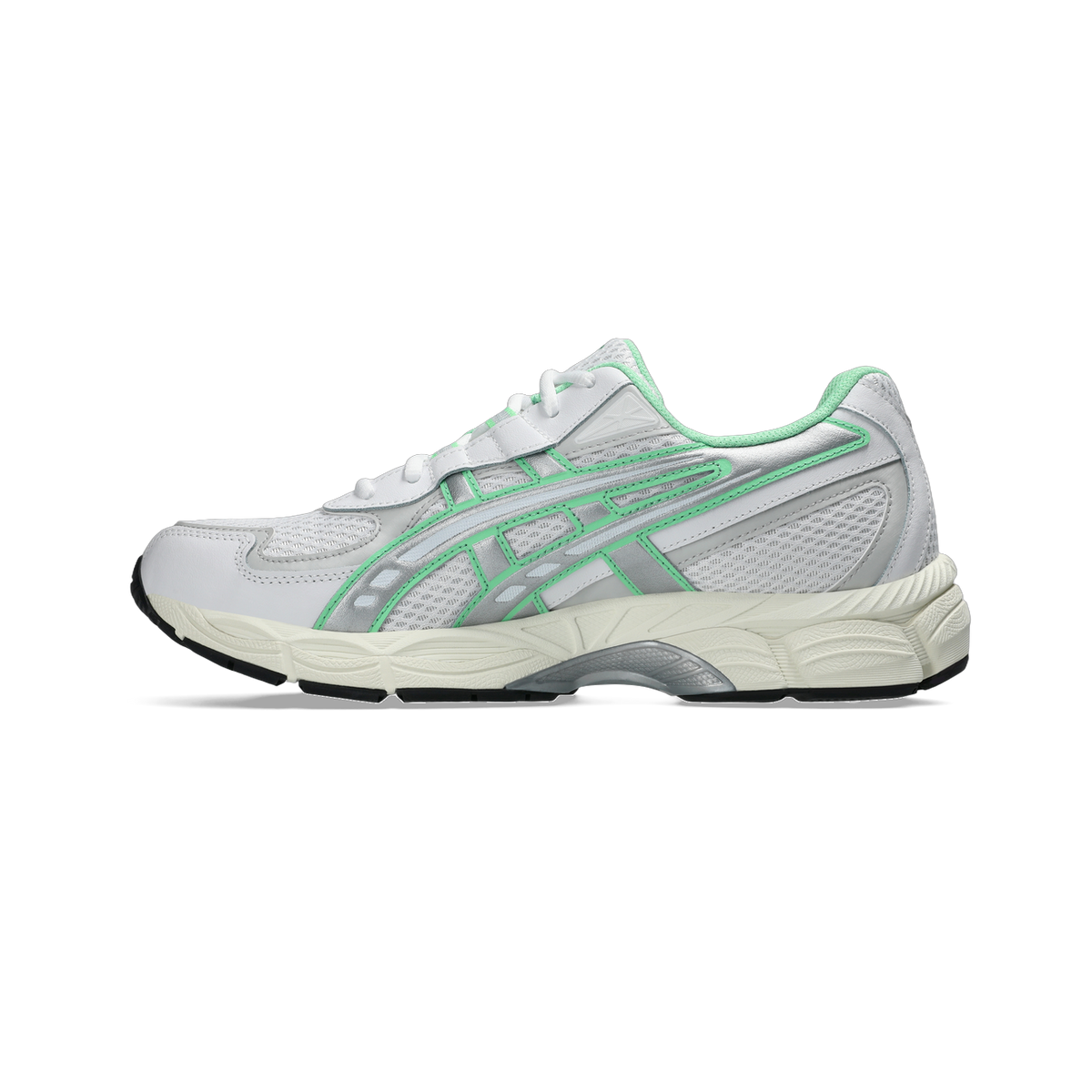 Side view of a white Asics Gel-NYC 2055 sneaker with silver overlays, green accents, and an off-white midsole with black outsole.