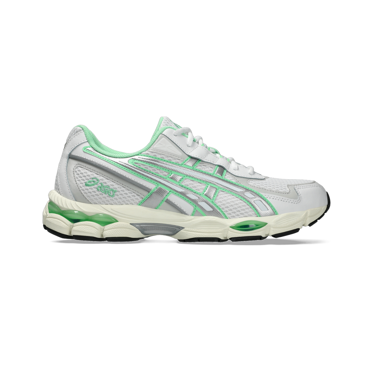 Lateral view of a white Asics Gel-NYC sneaker with green mint accents, silver overlays, and a visible green gel cushioning unit in the heel.