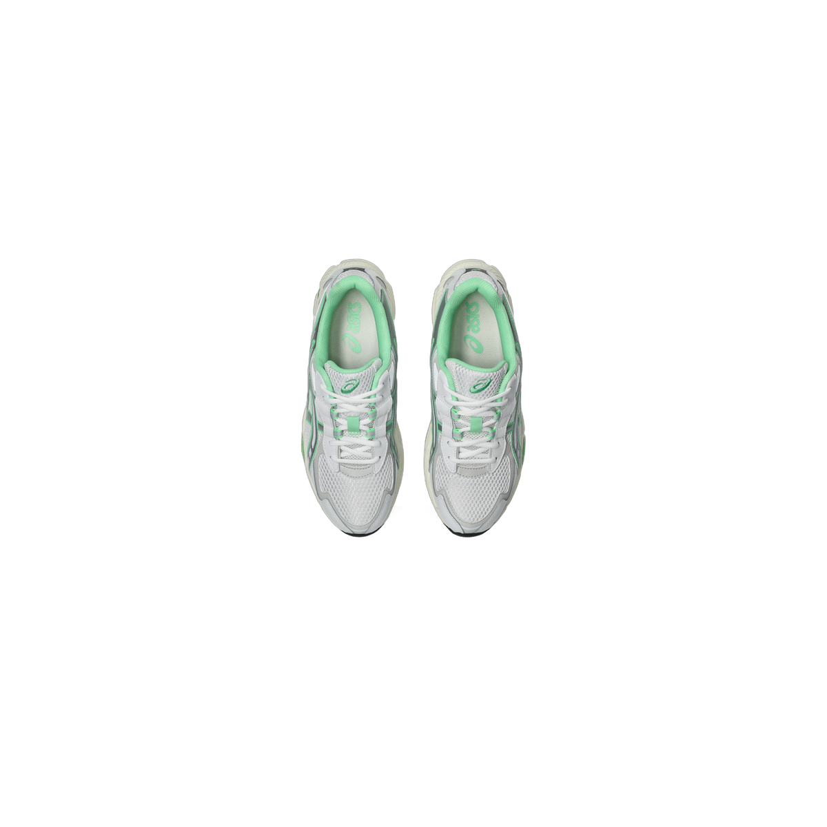Top-down view of a pair of white and mint green Asics Gel-NYC 2055 sneakers with white laces and green Asics branding on the tongue