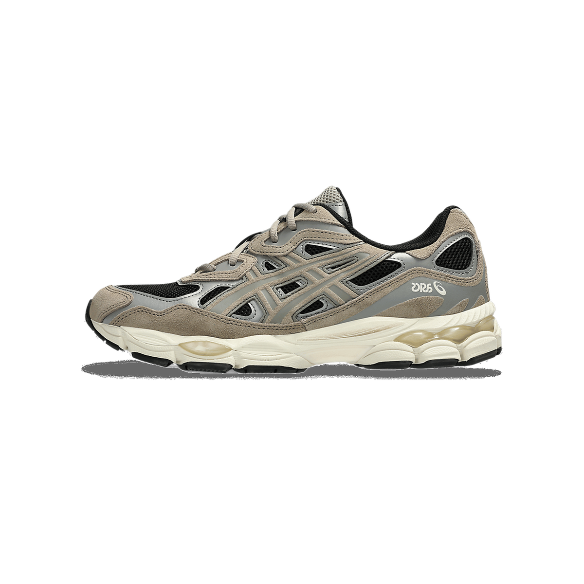 Side view of a black, gray, and beige Asics Gel-NYC sneaker with a chunky cream midsole and the toe pointing left.