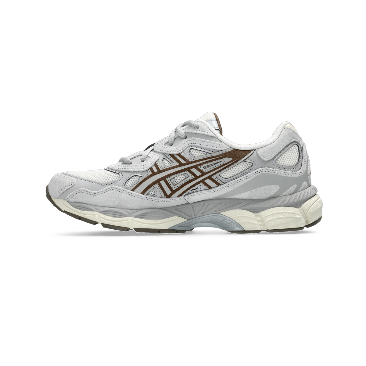 Side view of a grey and cream Asics Gel-NYC sneaker with brown suede overlay accents and a cream midsole