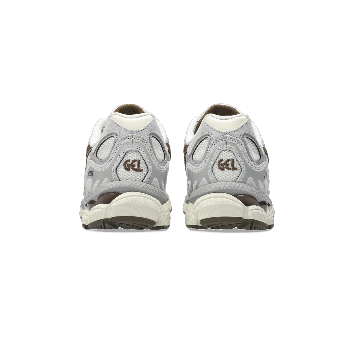 Rear view of a pair of Asics Gel-NYC sneakers in grey and white with brown accents and a cream midsole, showing the GEL heel logo on both shoes.