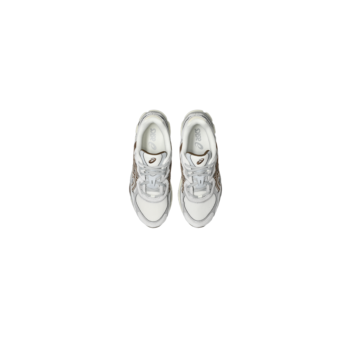 Top-down view of a pair of cream and gray Asics Gel-NYC sneakers with brown accents and gray laces