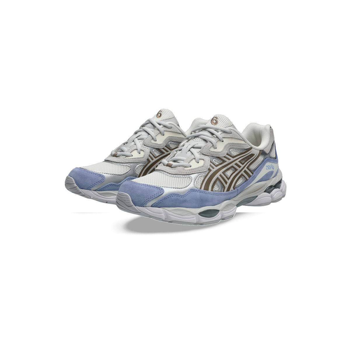 Pair of Asics Gel-NYC sneakers in cream, gray, and blue with brown lace overlays, shown at a three-quarter angle facing forward