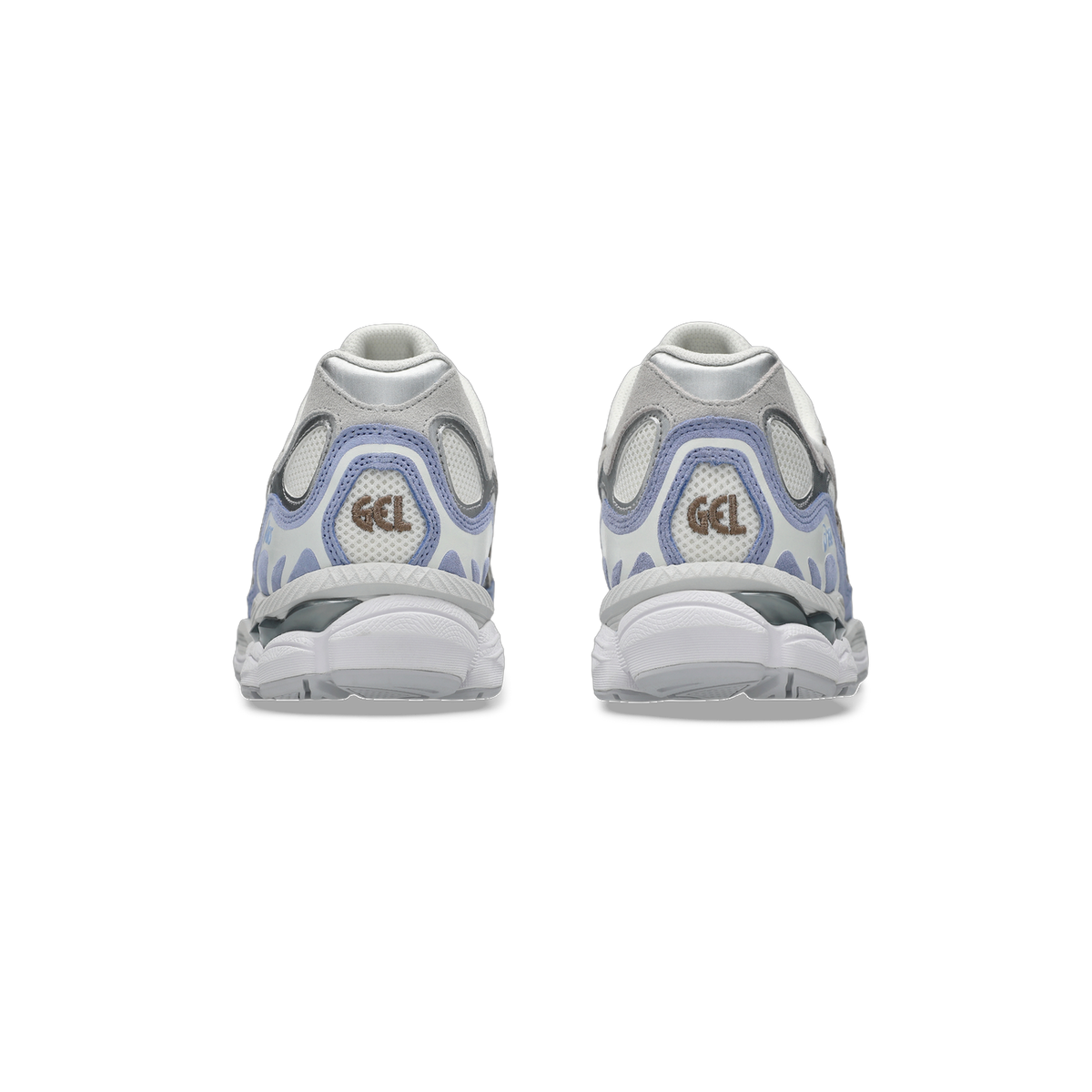 Rear view of a pair of white, grey, and blue Asics Gel-NYC sneakers showing the heel cushioning and GEL logo on both shoes.