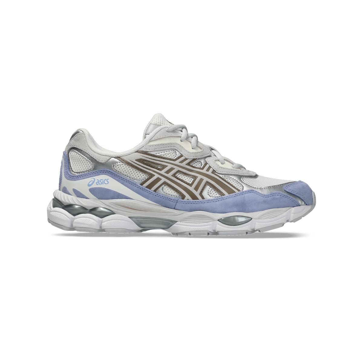 Side view of a white and gray Asics Gel-NYC sneaker with blue suede overlays and a chunky white and gray outsole.