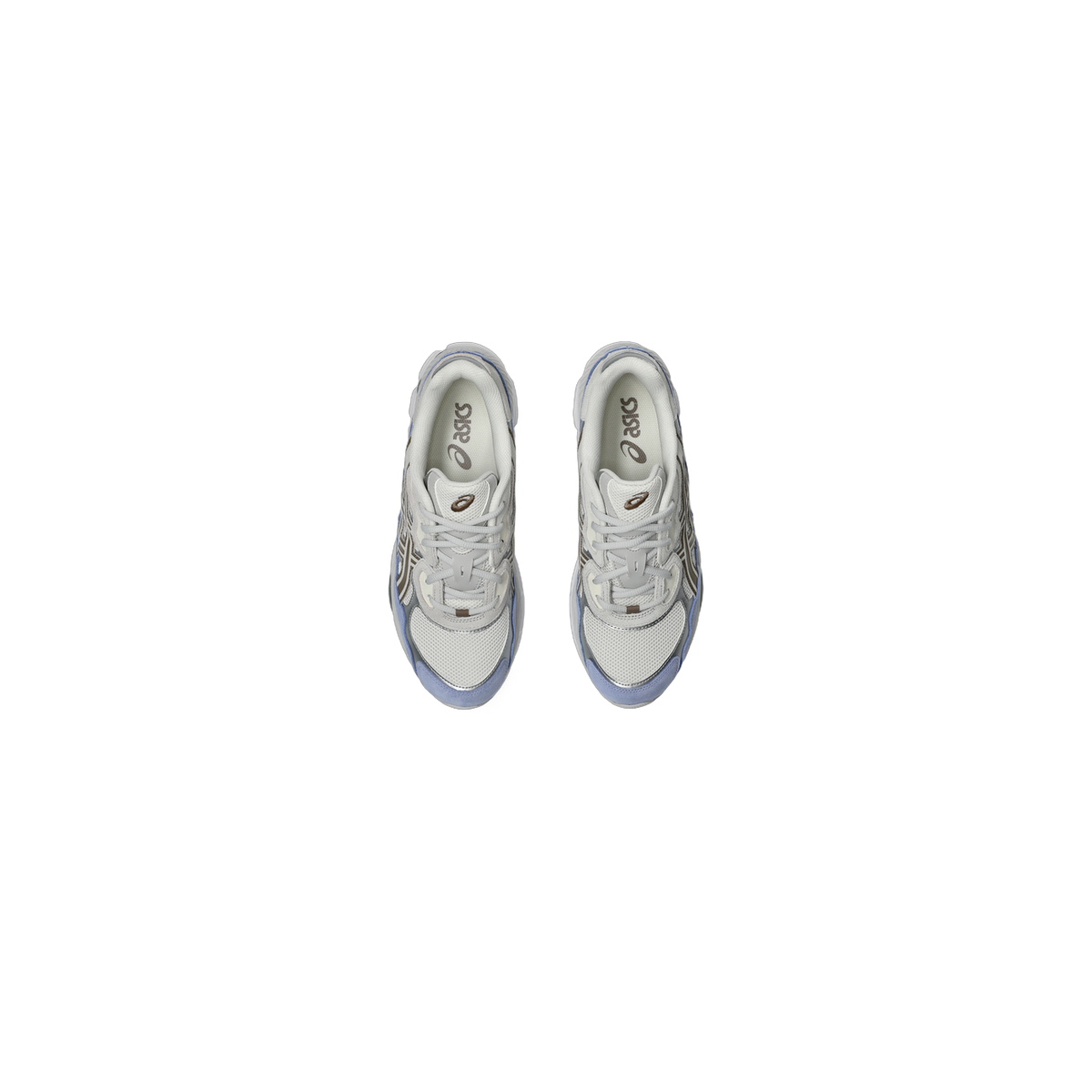 Top-down view of a pair of Asics Gel-NYC sneakers in white, gray, and blue with silver overlays and gray laces.