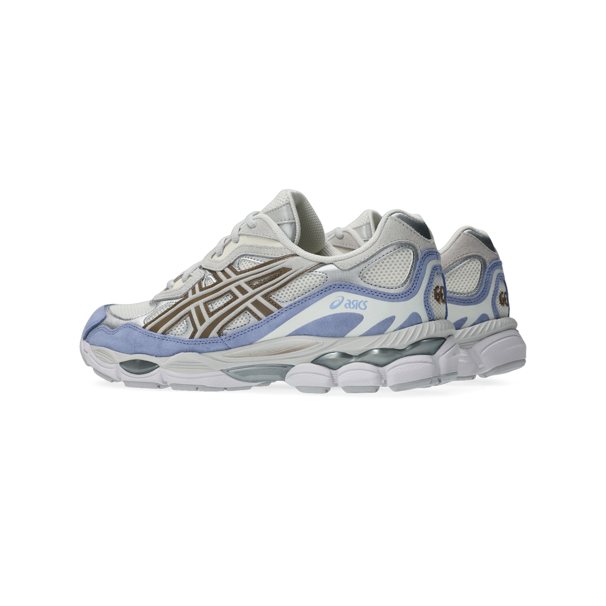Side view of a white, gray and blue Asics Gel-NYC sneaker with brown lattice overlay and chunky white midsole, shown alongside a second matching shoe