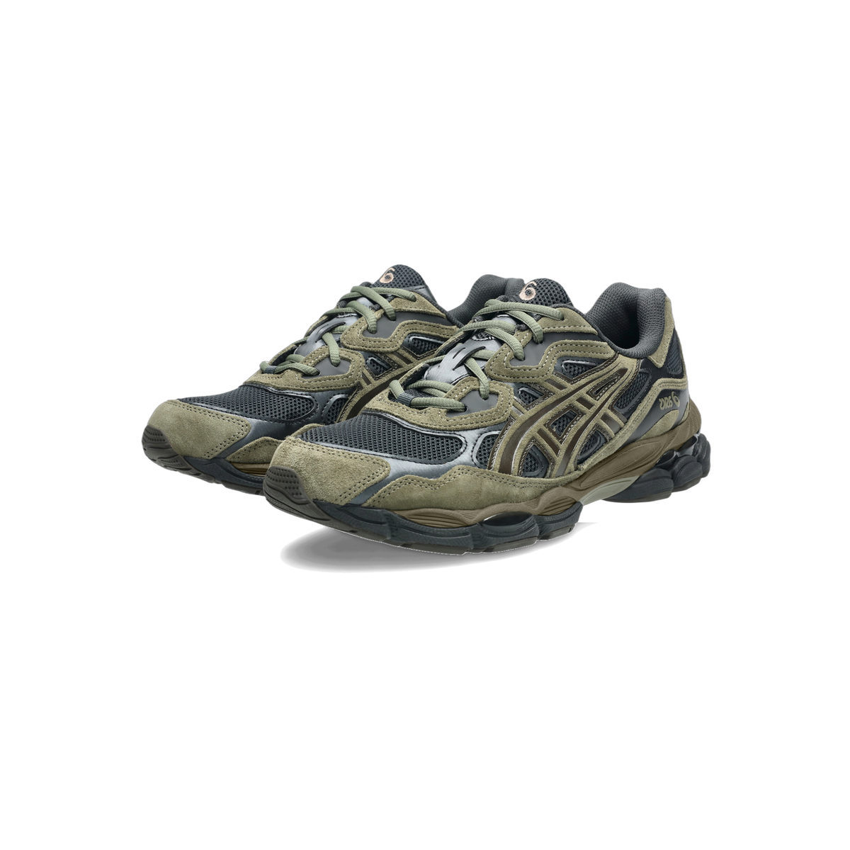 Pair of Asics Gel-NYC sneakers in olive green and graphite grey with suede overlays and mesh panels, angled toward the left.