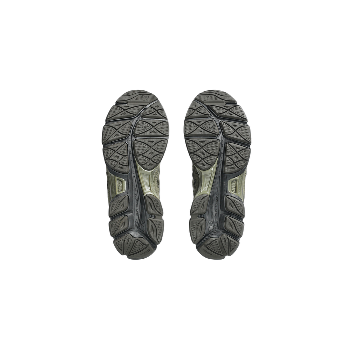 Bottom view of both Asics Gel-NYC shoes showing the grey and olive green tread pattern outsoles.