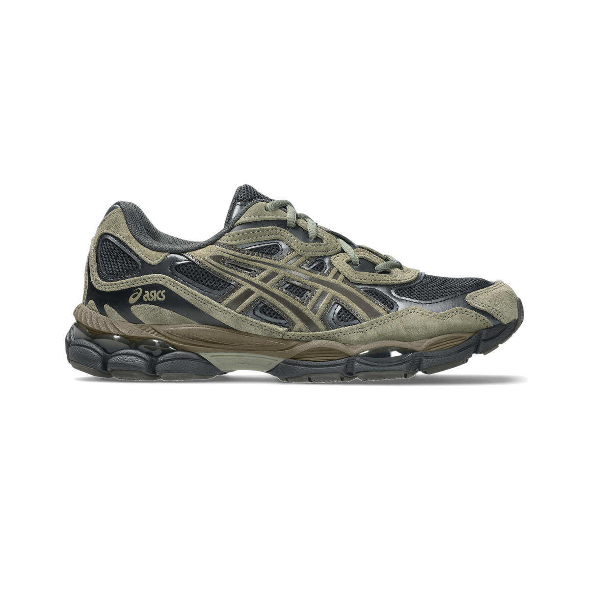 Side view of an Asics Gel-NYC sneaker in olive green and black with mesh paneling and visible gel cushioning in the heel, toe pointing left.